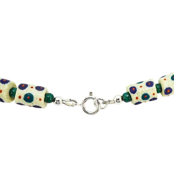 Boho Luxe Bead Necklace Krobo UNDYED Lapis Lazuli Jade Porcelain 21" 925 Clasp - Picture 5 of 8